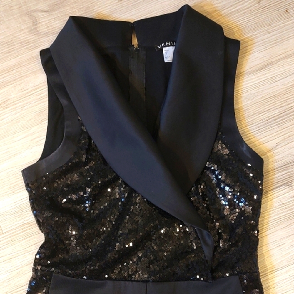 VENUS Black Sequin Satin-Collar Jumpsuit